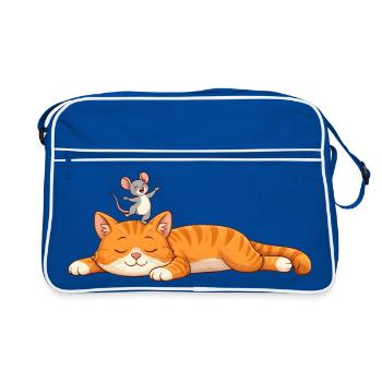 Schlafende Katze mit fröhlicher Maus  - Retro Tasche - Blau/Weiß - Vorne