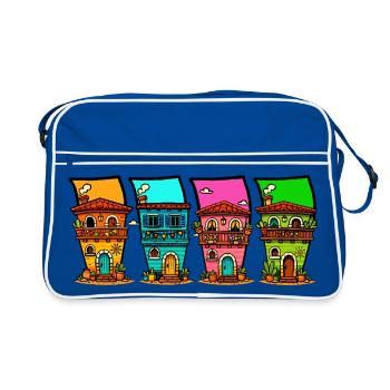 Quartett der Farbenfrohen Häuser - Retro Tasche - Blau/Weiß - Vorne