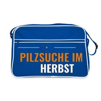 Pilzsuche im Herbst. Herbstliches Sammel - Retro Tasche - Blau/Weiß - Vorne
