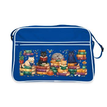 Lesende Katzen mit Bücherstapeln - Retro Tasche - Blau/Weiß - Vorne