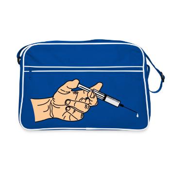 Spritze mit herauskommendem Tropf in der Hand - Retro Tasche - Blau/Weiß - Vorne