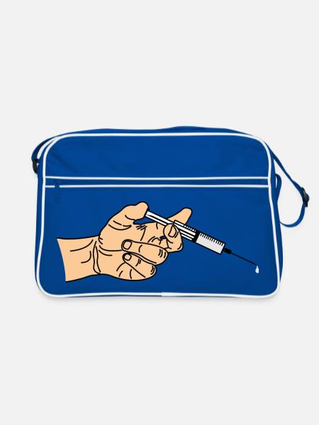 Spritze mit herauskommendem Tropf in der Hand - Retro Tasche - Blau/Weiß - Vorne