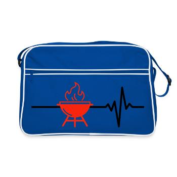 Grillen ist mein Leben, Herzschlag, Fleisch Liebe - Retro Tasche - Blau/Weiß - Vorne