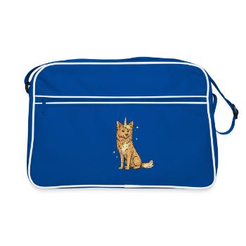 Einhornhund im Sternenglanz * Border Collie braun - Retro Tasche - Blau/Weiß - Vorne