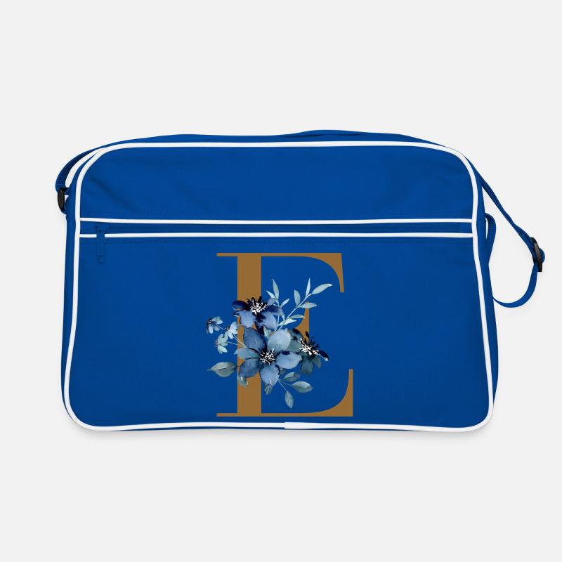E floral – Lettre dorée avec des fleurs - Sac Retro - bleu/blanc