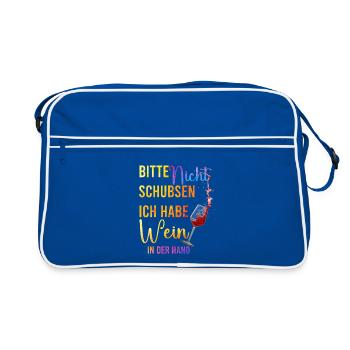 Bitte nicht schubsen – Wein in der Hand - Retro Tasche - Blau/Weiß - Vorne