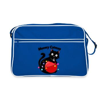 Meowy Catmas - Katze mit Weihnachtskugel - Retro Tasche - Blau/Weiß - Vorne