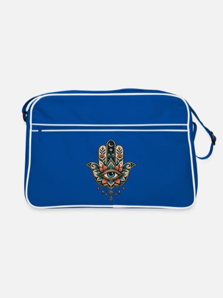 Florale Hamsa mit zentralem Auge Hand von Fatima - Retro Tasche - Blau/Weiß