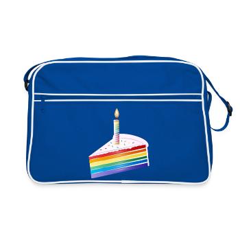 Morceau de gâteau arc-en-ciel avec bougie d’anniversaire - Sac Retro - bleu/blanc - Devant