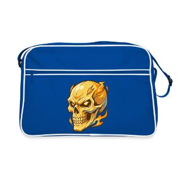 Feuriger goldener Schädel mit intensiven Augen - Retro Tasche - Blau/Weiß - Vorne