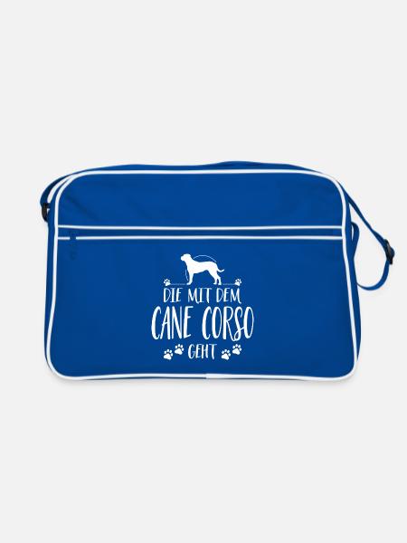 DIE MIT CANE CORSO GEHT Hunde Spruch Wilsigns - Retro Tasche - Blau/Weiß - Vorne