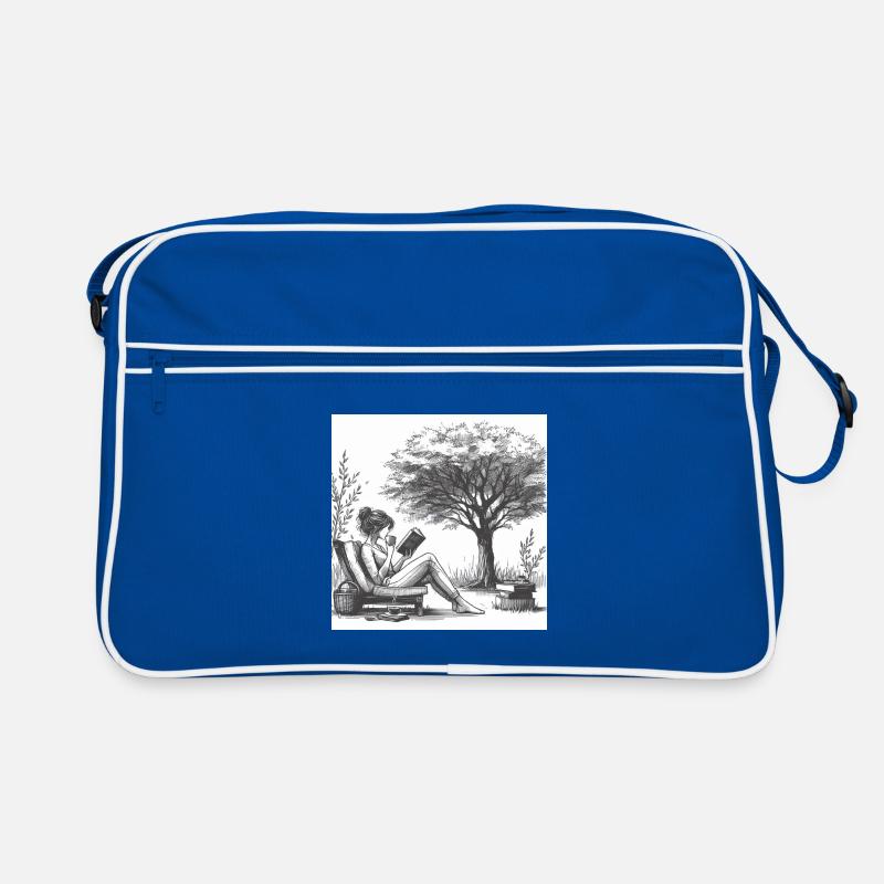Frau trinkt Kaffee und liest ein Buch - Retro Tasche - Blau/Weiß