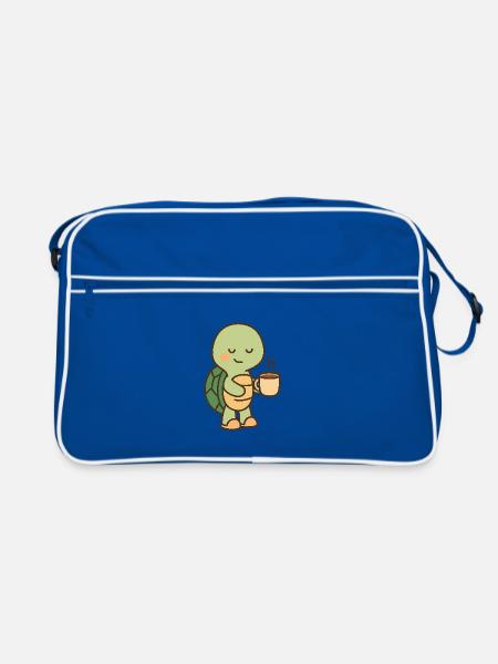 Schildkröte mit einer Tasse Kaffee (rechts) - Retro Tasche - Blau/Weiß - Vorne