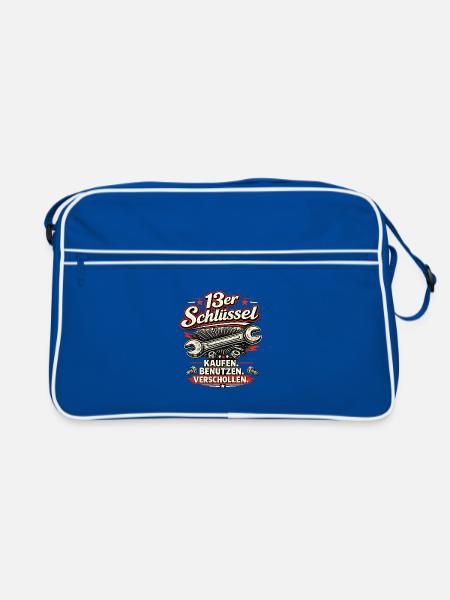 13er Schraubenschlüssel Vintage Druck - Retro Tasche - Blau/Weiß - Vorne