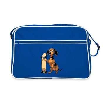 Dackel mit Skateboard Design - Retro Tasche - Blau/Weiß - Vorne