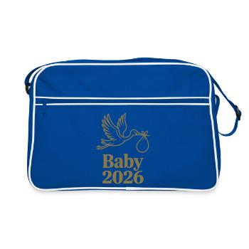 Baby 2026 Storch Geburt Verkündung - Retro Tasche - Blau/Weiß - Vorne