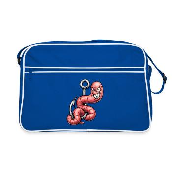 Wütender Wurm am Haken – Cartoon Design - Retro Tasche - Blau/Weiß - Vorne