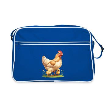 Poule avec poussin sur la prairie fleurie - Sac Retro - bleu/blanc - Devant