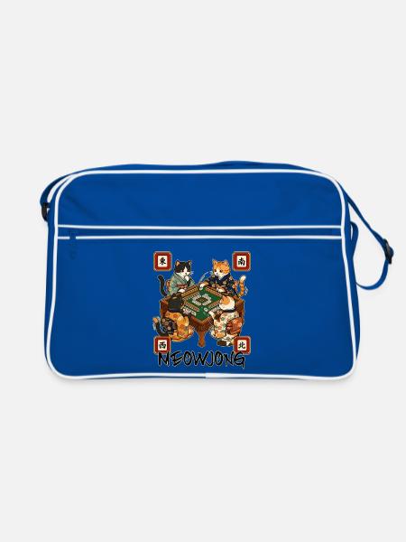 Meowjong Cute Cat Mahjong Game Social Club - Retro Bag - blue/white - Front