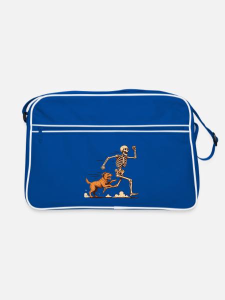 Lustiger Hund jagt, rennendes Skelett Halloween - Retro Tasche - Blau/Weiß