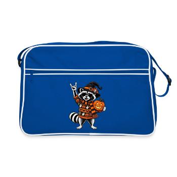 Halloween Waschbär mit Hexenhut & Kürbis - Retro Tasche - Blau/Weiß - Vorne