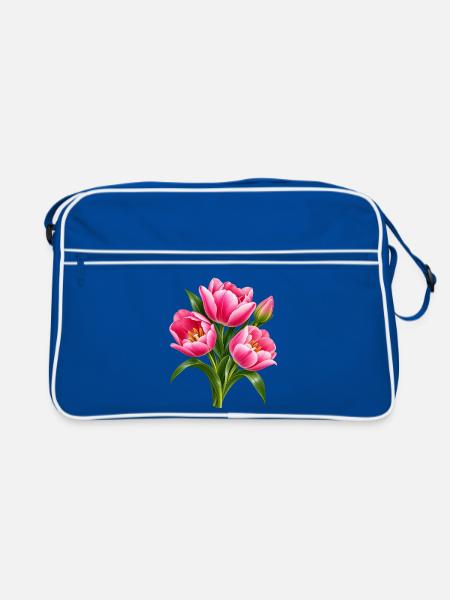 Pink Tulip Burst botanische Blüten - Retro Tasche - Blau/Weiß