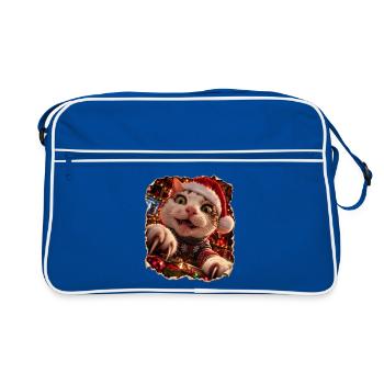 Verrückte Weihnachtskatze – Bescherung mit Krallen - Retro Tasche - Blau/Weiß - Vorne