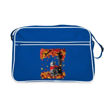 Graue Katze mit rotem Schal und Herbstblättern - Retro Tasche - Blau/Weiß - Vorne