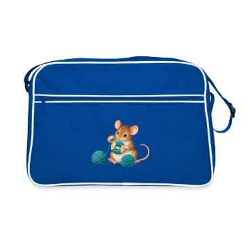 Maus wickelt einen Wollpompon - Retro Tasche - Blau/Weiß - Vorne