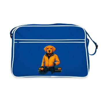 Cooler Hund im orangenen Jacket – Stilvoller Labra - Retro Tasche - Blau/Weiß - Vorne