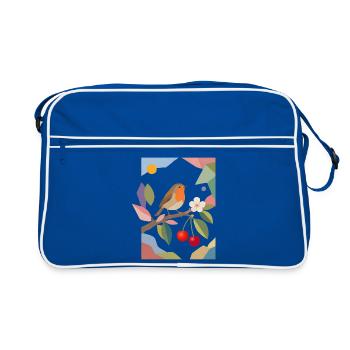 Oiseau rouge-gorge sur branche Cerisier - Sac Retro - bleu/blanc - Devant