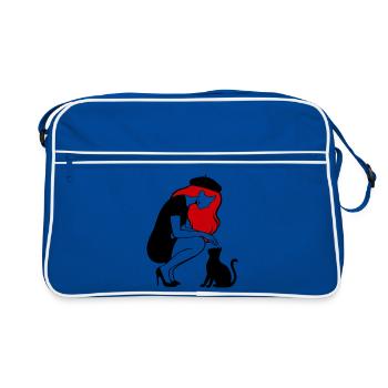 donna_con_capelli_rossi_basco_e_gatto_nero - Retro Tasche - Blau/Weiß - Vorne