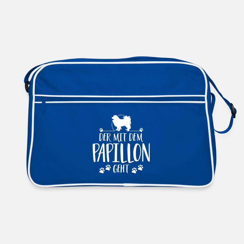 DER MIT PAPILLON GEHT Hundespruch Hund Wilsigns - Retro Tasche - Blau/Weiß