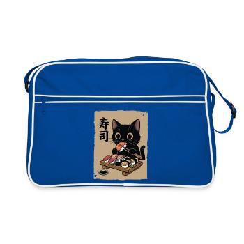 Schwarze Katze isst Sushi Japan Retro - Retro Tasche - Blau/Weiß - Vorne