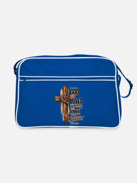 Johannes 3,16 Kreuz Jesus Liebe Christliches Shirt - Retro Tasche - Blau/Weiß