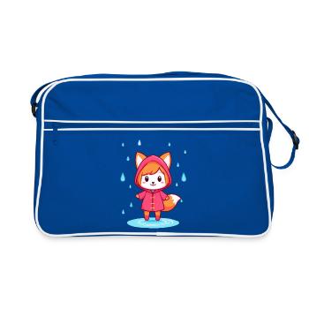 Kleiner Chibi-Fuchs im Regenmantel - Retro Tasche - Blau/Weiß - Vorne