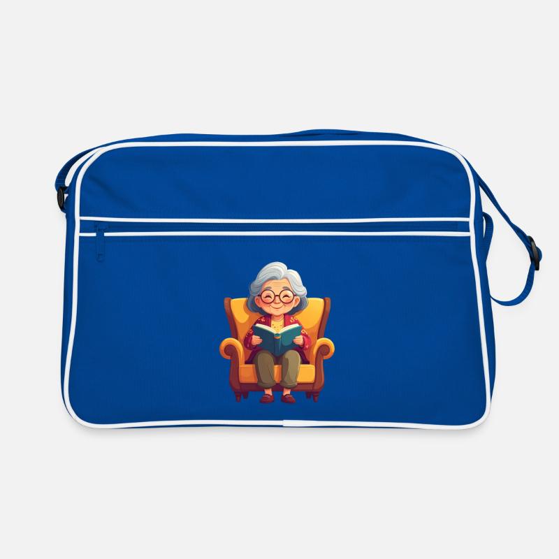 Oma sitzt im Sessel und liest ein Buch Retro Tasche