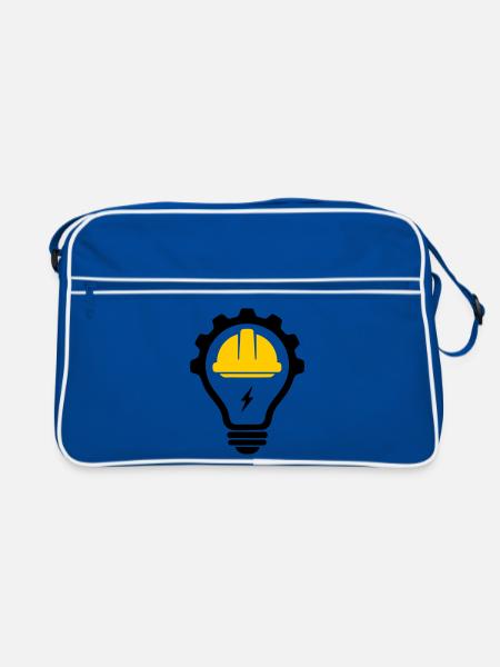 Elektriker Bauhelm Blitz und Glühbirne - Retro Tasche - Blau/Weiß - Vorne
