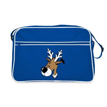 lustiges Comic Rentier mit Vogel auf dem Ohr - Retro Tasche - Blau/Weiß - Vorne