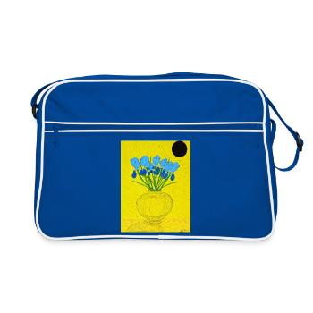 Vase of blue iris on yellow background - Retro Bag - blue/white - Front