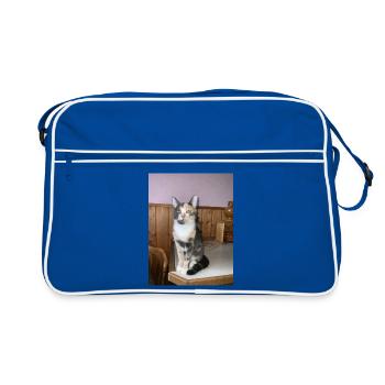 Calico Katzenporträt im Holzambiente - Retro Tasche - Blau/Weiß - Vorne
