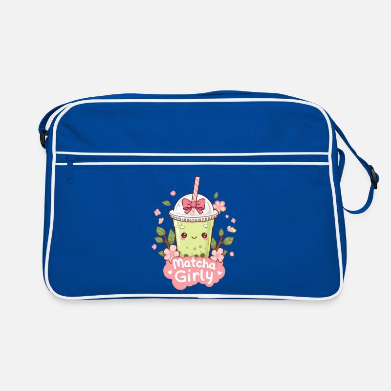 Matcha Latte glacé kawaii aux fleurs de cerisier - Sac Retro - bleu/blanc