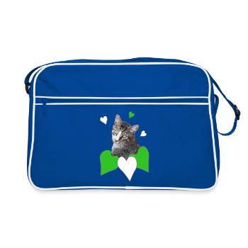 Cat Love Tabby Cat Green Hearts - Retro Bag - blue/white - Front