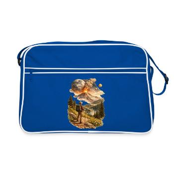 Des randonneurs devant un volcan en éruption et un monde étrange - Sac Retro - bleu/blanc - Devant