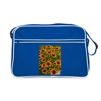 Motif de fleurs de chapeau de soleil jaune feu rouge - Sac Retro - bleu/blanc - Devant