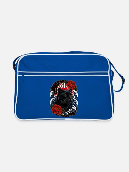 Schwarzer Panther im japanischen Irezumi Stil - Retro Tasche - Blau/Weiß - Vorne
