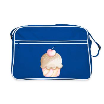 Törtchen Kirsche Zuckerguss Süß Dessert Shirt - Retro Tasche - Blau/Weiß - Vorne