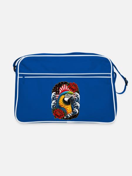 Ara Papagei im japanischen Irezumi Tattoo Stil - Retro Tasche - Blau/Weiß - Vorne