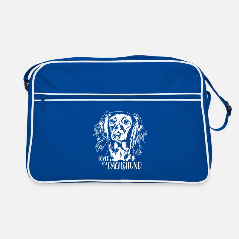 Loved by a Dachshund Langhaardackel Hunde Wilsigns - Retro Tasche - Blau/Weiß