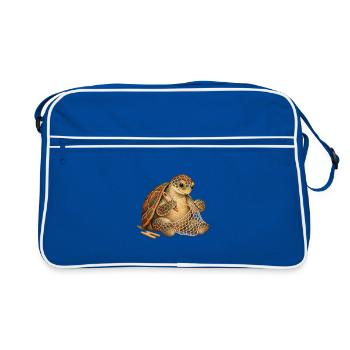 Schildkröte flickt ein Fischernetz - Retro Tasche - Blau/Weiß - Vorne